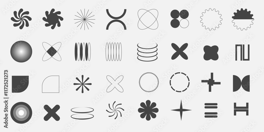 Fototapeta premium Set of geometric aesthetic , Geometric elements with sparkles , Y2K style , retro futuristic elements , geometric shapes and objects 