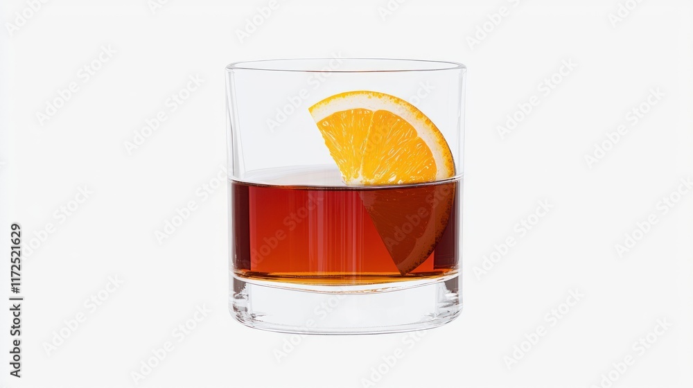 A glass of dark beverage garnished with an orange slice. A glass of dark beverage garnished with an orange slice.