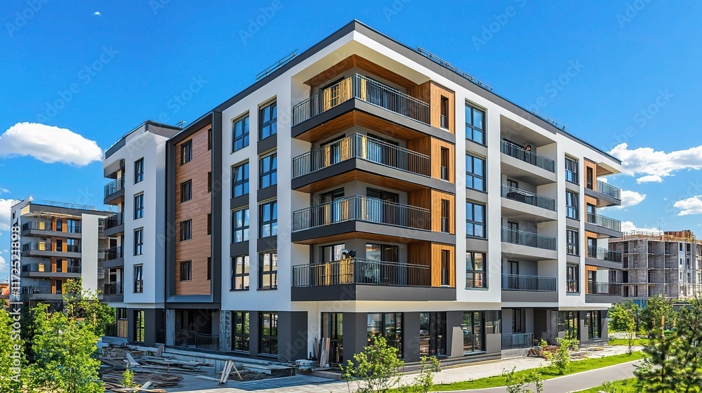 Modern Apartment Building Under Construction on a Bright Sunny Day Modern Apartment Building Under Construction on a Bright Sunny Day