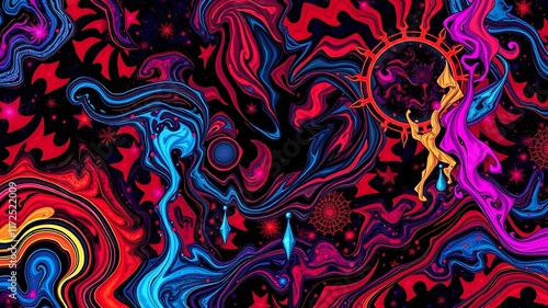 Abstract cosmic artwork featuring vibrant red, blue, and purple swirls, depicting figures interacting with a celestial ring against a starry background. photo