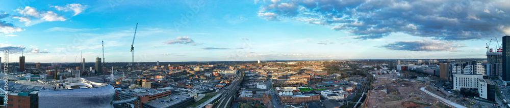 High Angle Ultra Wide Panoramic View of Buildings at Downtown Central Birmingham City of England United Kingdom During Sunset. Aerial View of Was Captured with Drone's Camera on March 30th, 2024 High Angle Ultra Wide Panoramic View of Buildings at Downtown Central Birmingham City of England United Kingdom During Sunset. Aerial View of Was Captured with Drone's Camera on March 30th, 2024