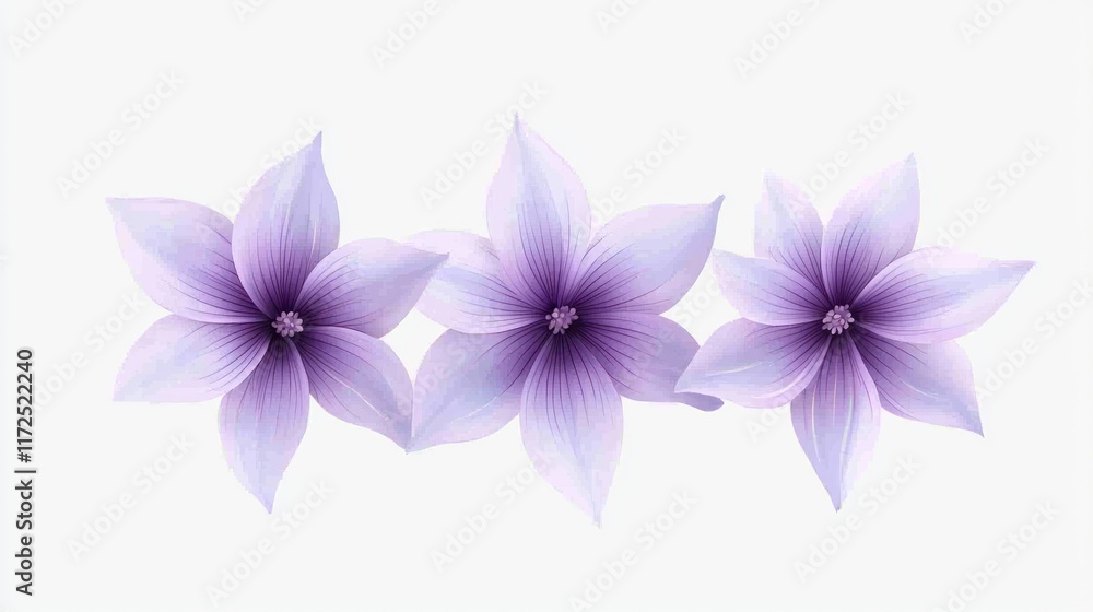 Three delicate purple flowers arranged in a harmonious composition. Three delicate purple flowers arranged in a harmonious composition.