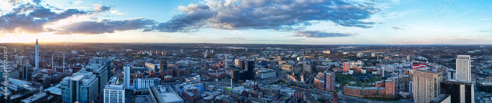 High Angle Ultra Wide Panoramic View of Buildings at Downtown Central Birmingham City of England United Kingdom During Sunset. Aerial View of Was Captured with Drone's Camera on March 30th, 2024 High Angle Ultra Wide Panoramic View of Buildings at Downtown Central Birmingham City of England United Kingdom During Sunset. Aerial View of Was Captured with Drone's Camera on March 30th, 2024