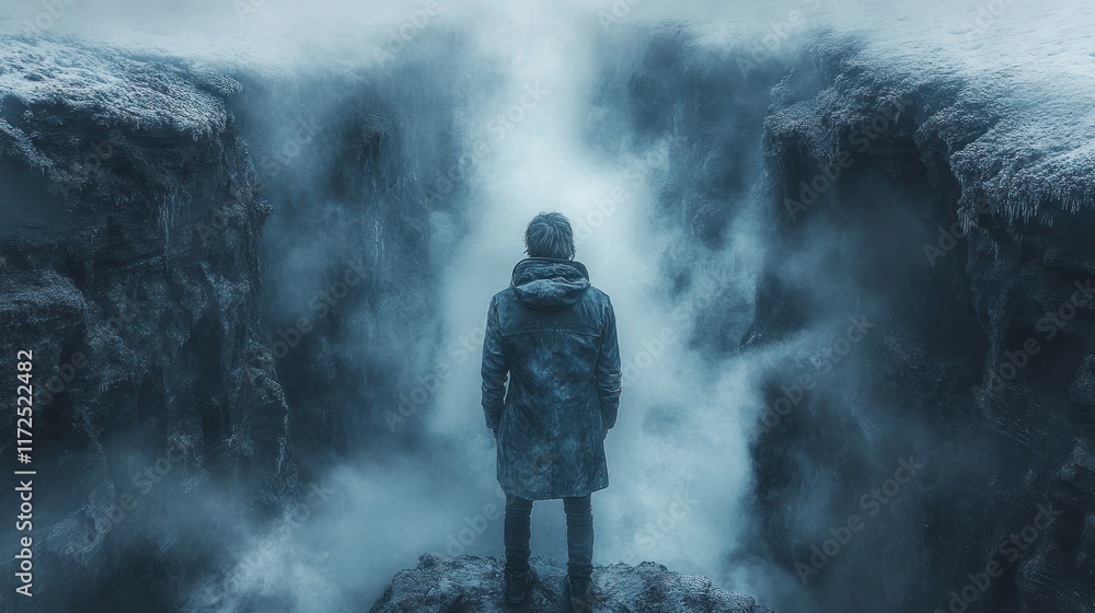 Obraz premium Man contemplating misty Icelandic gorge.