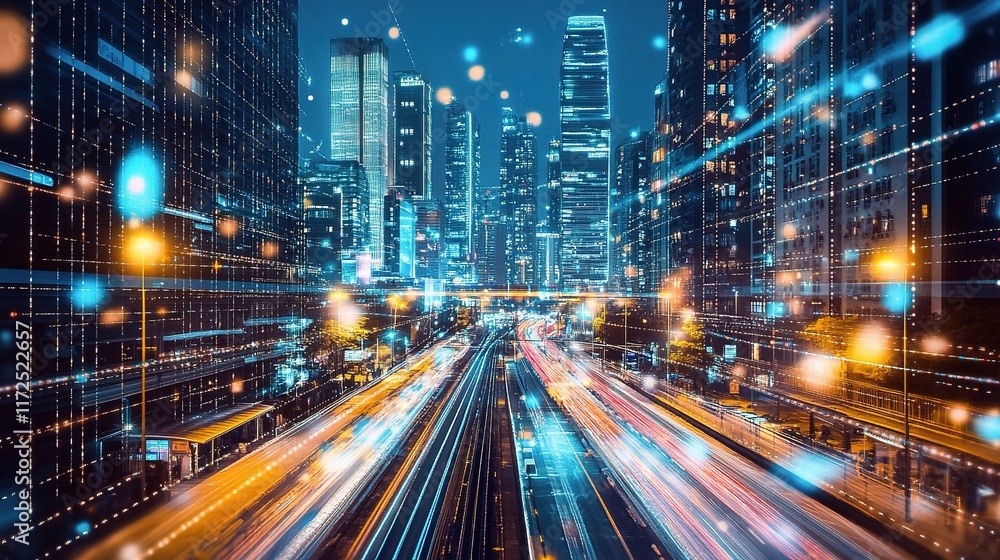 Illuminated Cityscape at Night with Skyscrapers and Traffic Lights Illuminated Cityscape at Night with Skyscrapers and Traffic Lights