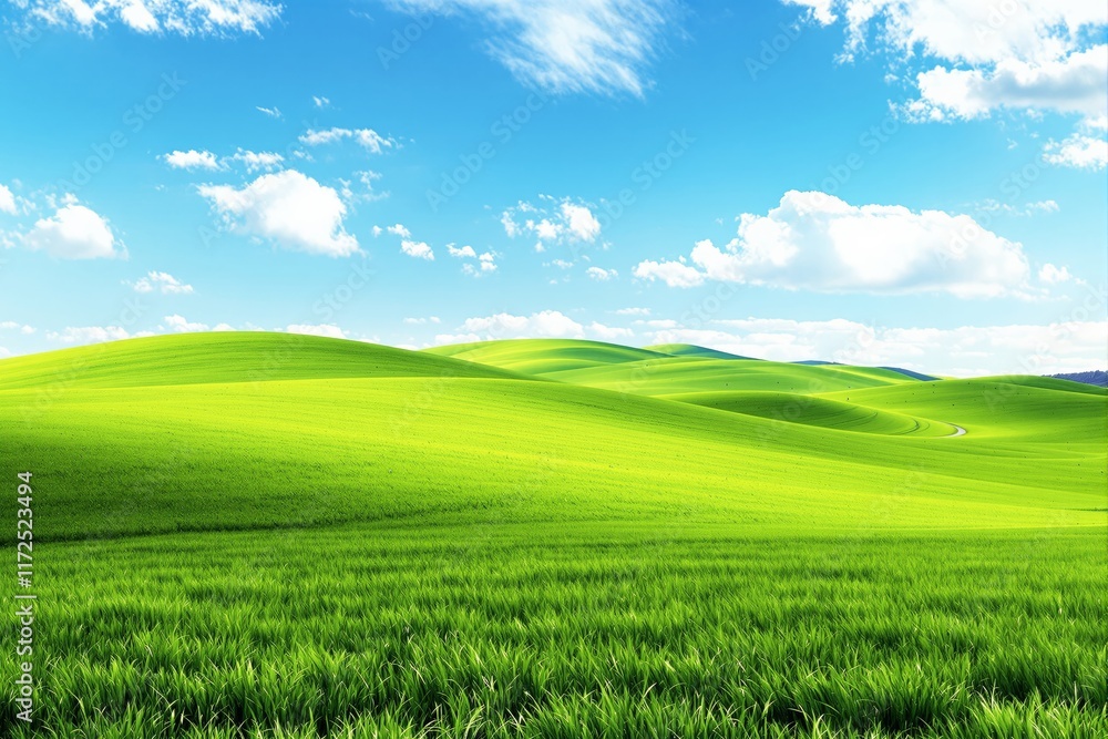 Rolling green hills with vibrant grass, bright blue sky with scattered clouds, daytime scene, peaceful nature, scenic landscape, Ai generative Rolling green hills with vibrant grass, bright blue sky with scattered clouds, daytime scene, peaceful nature, scenic landscape, Ai generative