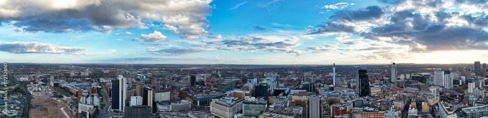 High Angle Ultra Wide Panoramic View of Buildings at Downtown Central Birmingham City of England United Kingdom During Sunset. Aerial View of Was Captured with Drone's Camera on March 30th, 2024 High Angle Ultra Wide Panoramic View of Buildings at Downtown Central Birmingham City of England United Kingdom During Sunset. Aerial View of Was Captured with Drone's Camera on March 30th, 2024