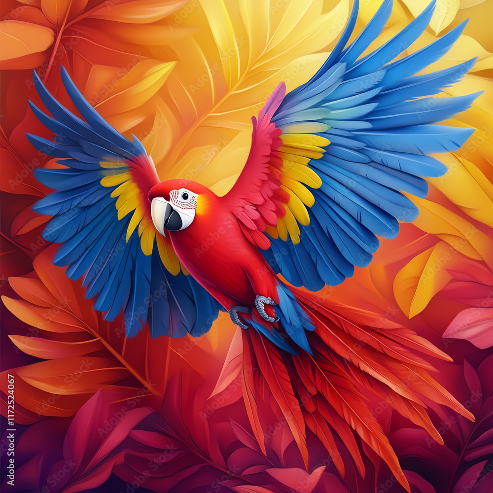 Fototapeta premium A vibrant, colorful parrot soaring through a lush, tropical backdrop filled with rich foliage.