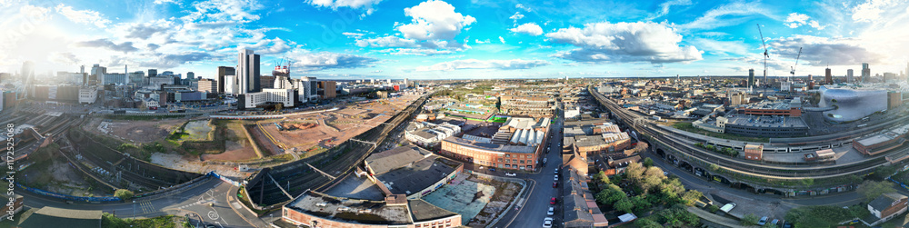 Fototapeta premium High Angle Ultra Wide Panoramic View of Buildings at Downtown Central Birmingham City of England United Kingdom During Sunset. Aerial View of Was Captured with Drone's Camera on March 30th, 2024
