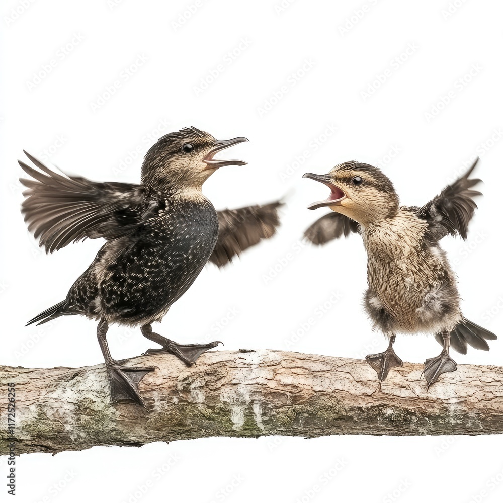 Two young birds perched on a branch, appearing to communicate with open beaks. Two young birds perched on a branch, appearing to communicate with open beaks.