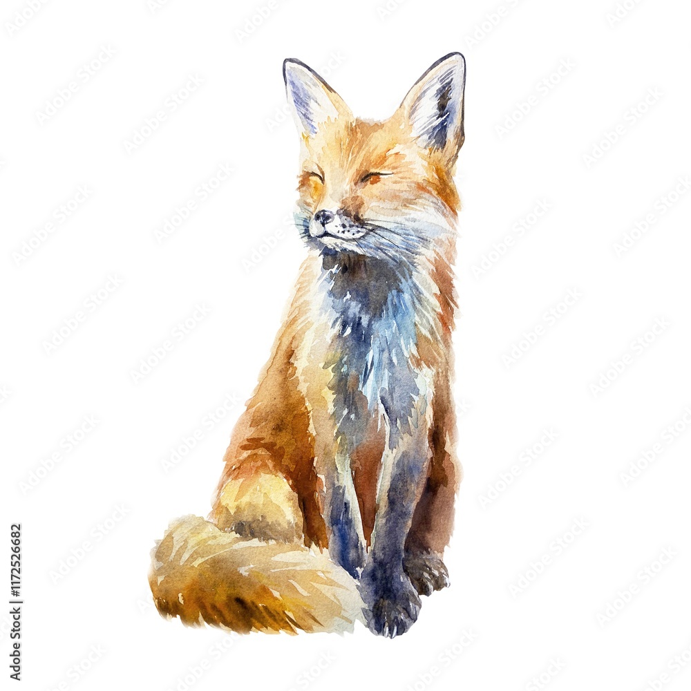 Obraz premium Red fox sitting. Hand drawn watercolor illustration of forest animal isolated on white. Postcards, books, posters, Nature and Wildlife Protection Day.