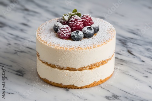 a white mousse cake with two layers of cake and a layer of mousse in between photo