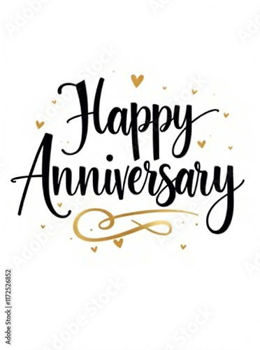 Happy Anniversary card. Beautiful greeting banner poster calligraphy inscription black text word gold ribbon. Hand drawn design. Handwritten modern brush lettering white background