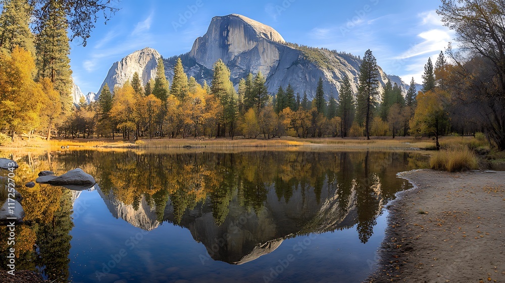 Half Dome reflected in calm autumn lake with colorful trees. Half Dome reflected in calm autumn lake with colorful trees.