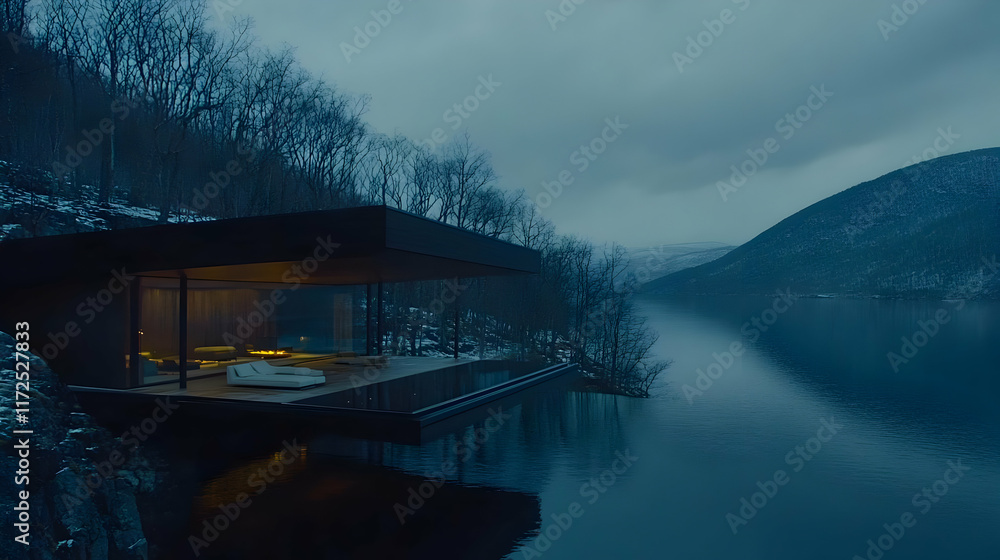 Fototapeta premium Modern Lake House 3D Illustration