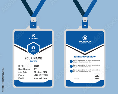 Vector id card template with clasp and lanyard. Blue and white color mock up set. Modern colorful icon collection. Employee ID. 