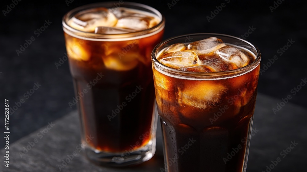 Two glasses of iced coffee with ice cubes on a dark background. Two glasses of iced coffee with ice cubes on a dark background.