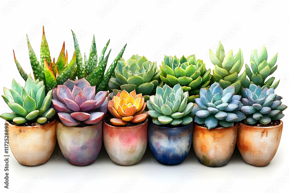 Colorful succulents in small painted pots on white background. Colorful succulents in small painted pots on white background.