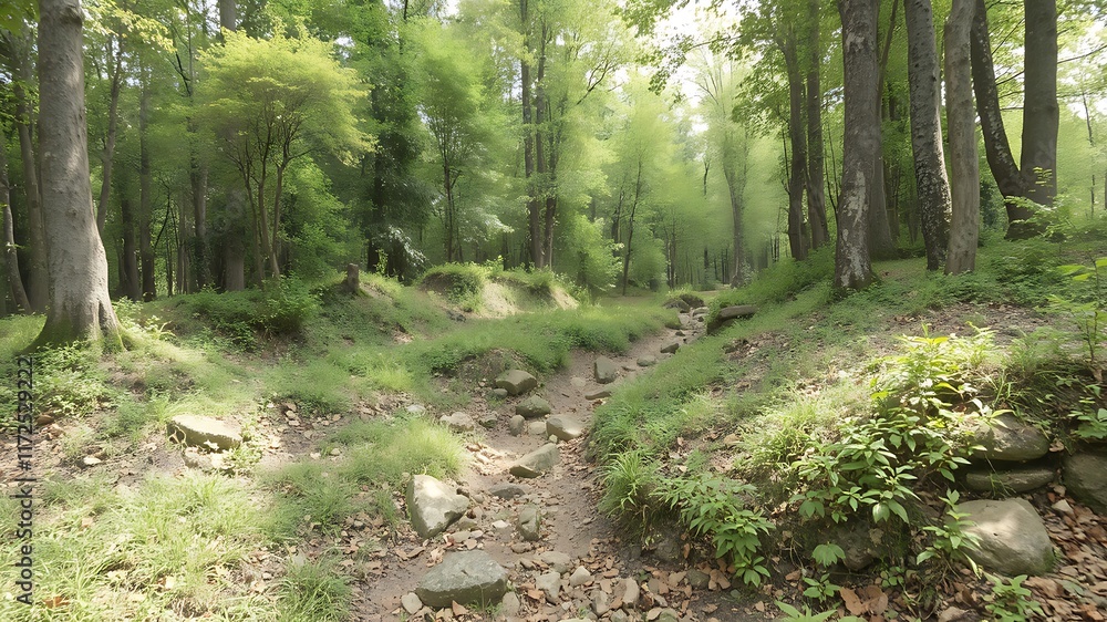 Serene sun-dappled forest path meanders through lush green foliage and over smooth stones, creating a tranquil nature scene perfect for background or design. Serene sun-dappled forest path meanders through lush green foliage and over smooth stones, creating a tranquil nature scene perfect for background or design.