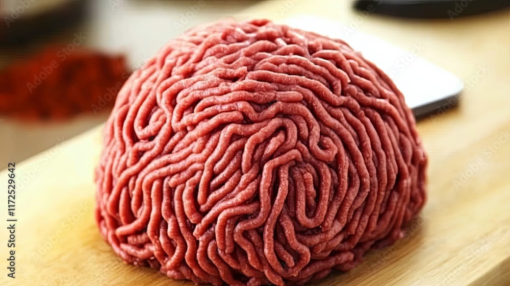 Fototapeta premium Fresh ground meat on a pristine cutting board, featuring a blurred kitchen knife and aromatic spices in the background. A culinary scene highlighting quality ingredients and kitchen essentials.
