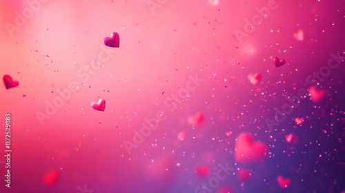 A soft pink and red gradient background with glowing hearts creates dreamy vibes
