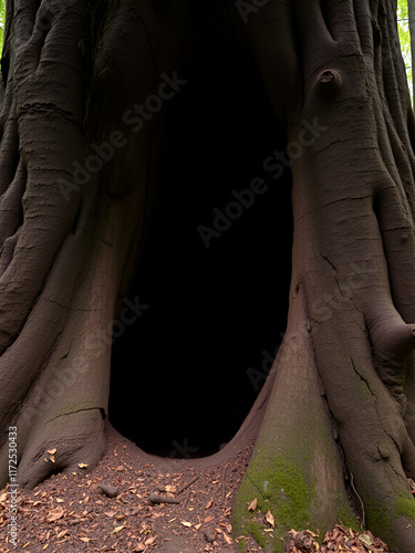 Hollow tree trunk with hole to enter inside. Large opening at the base of a trunk. Darkness inside a tree and mysteries of the forest. Old tree with large hollow cavern inside, potential animal den photo