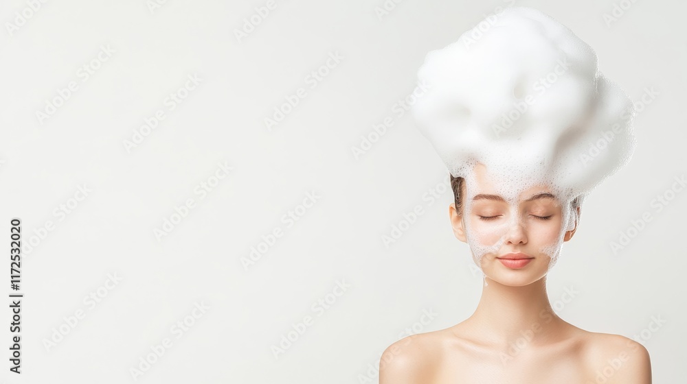 Young woman with a playful bubble hairstyle poses serenely against a neutral background, showcasing natural beauty and a unique artistic concept in personal care and wellness. Young woman with a playful bubble hairstyle poses serenely against a neutral background, showcasing natural beauty and a unique artistic concept in personal care and wellness.