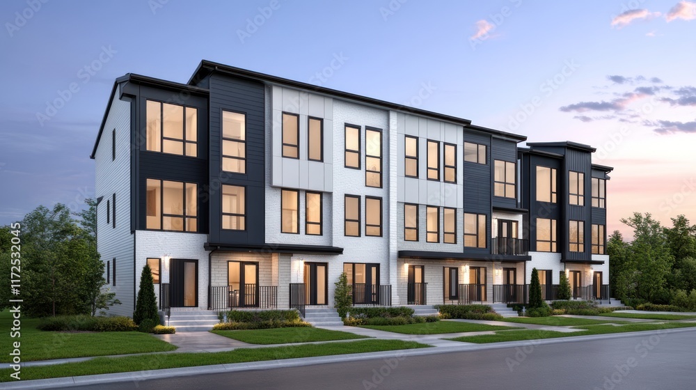 Obraz premium Modern townhouse complex with multiple units and landscaped surroundings.