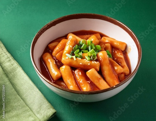 Korean spicy dish tteokbokki, rice cakes on green background photo