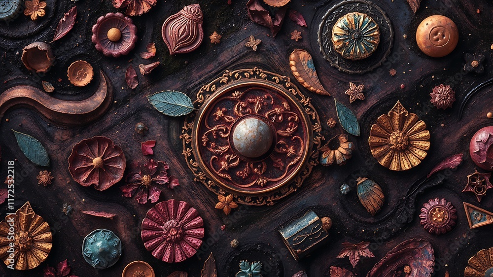 Intricate dark brown and gold ornate decorative elements arranged artistically on a textured surface, ideal for backgrounds. Intricate dark brown and gold ornate decorative elements arranged artistically on a textured surface, ideal for backgrounds.