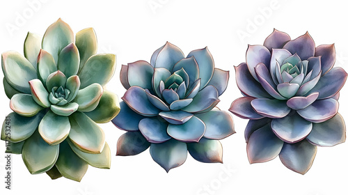Wallpaper Mural Three echeveria succulents with varying colors and textures, isolated on white background. Torontodigital.ca