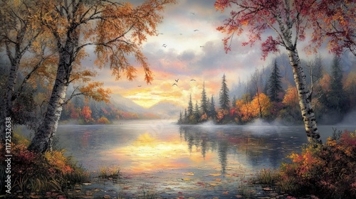 Serene autumn lake sunset landscape with colorful trees, mist, and reflections.