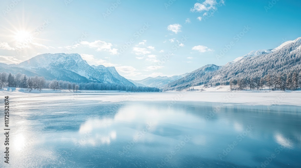 Sunlit winter mountain lake with snow-covered landscape reflecting in still, icy waters. Sunlit winter mountain lake with snow-covered landscape reflecting in still, icy waters.