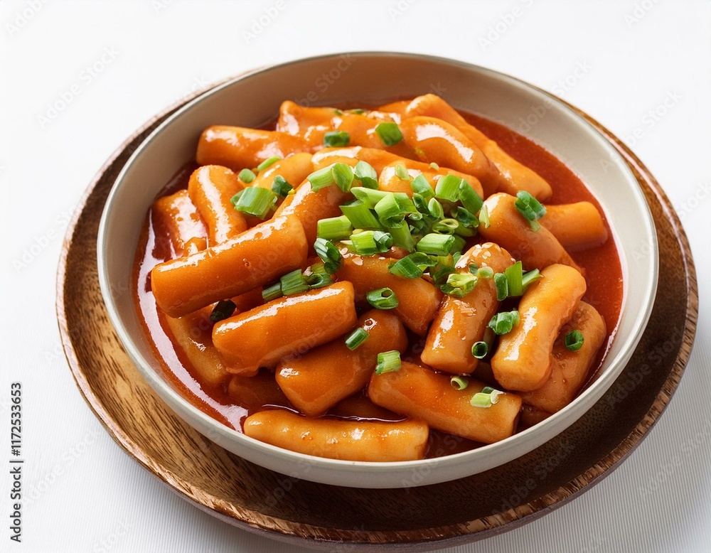 Korean spicy dish tteokbokki on white background Korean spicy dish tteokbokki on white background