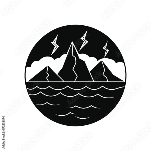 Mountains And Stormy Sea Vector Silhouette, Mountains & Stormy Sea, Vector Mountains and Stormy Sea, Dramatic Landscape