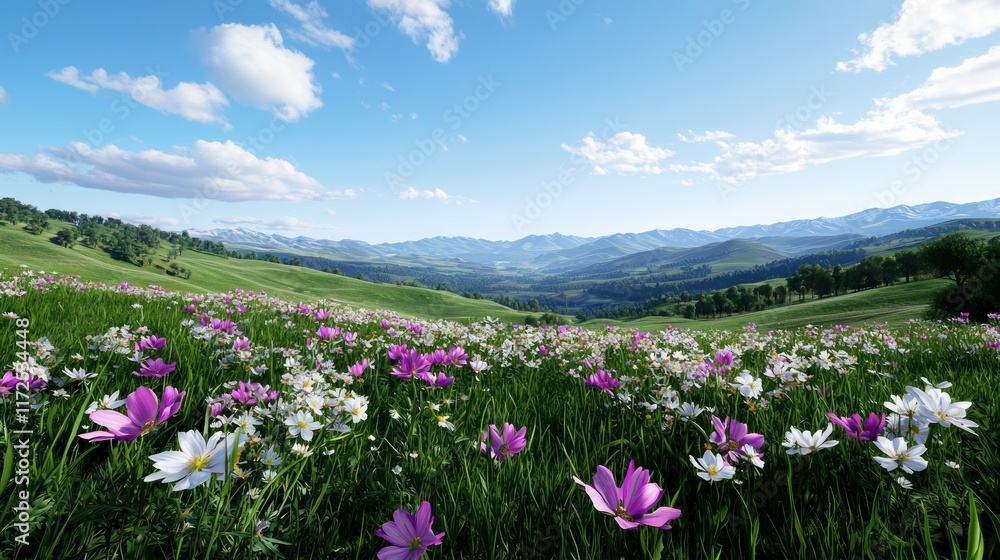 A vibrant meadow filled with colorful flowers under a clear sky.