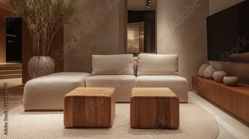 Wallpaper Mural Generative AI,Minimalist living room with taupe sofa and walnut cube tables Torontodigital.ca