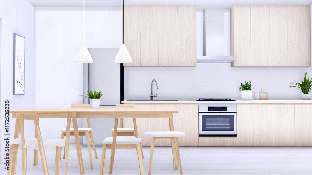 Fototapeta premium Modern kitchen with light wood finishes and dining area.