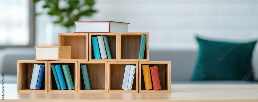 Storage utility optimization concept. Books arranged creatively in wooden boxes, set against a modern, minimalistic background. Storage utility optimization concept. Books arranged creatively in wooden boxes, set against a modern, minimalistic background.