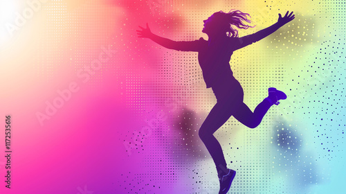 Silhouette of a dancer in mid-air with a colorful gradient and particle effects, symbolizing expression and creativity.. photo