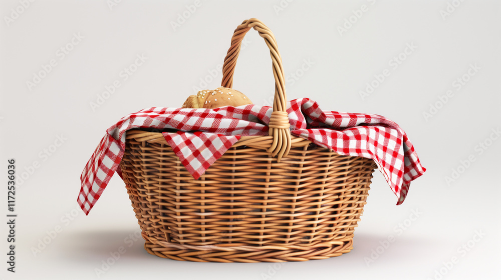 Rustic picnic basket with a red gingham cloth, perfect for countryside or outdoor dining concepts.. Rustic picnic basket with a red gingham cloth, perfect for countryside or outdoor dining concepts..