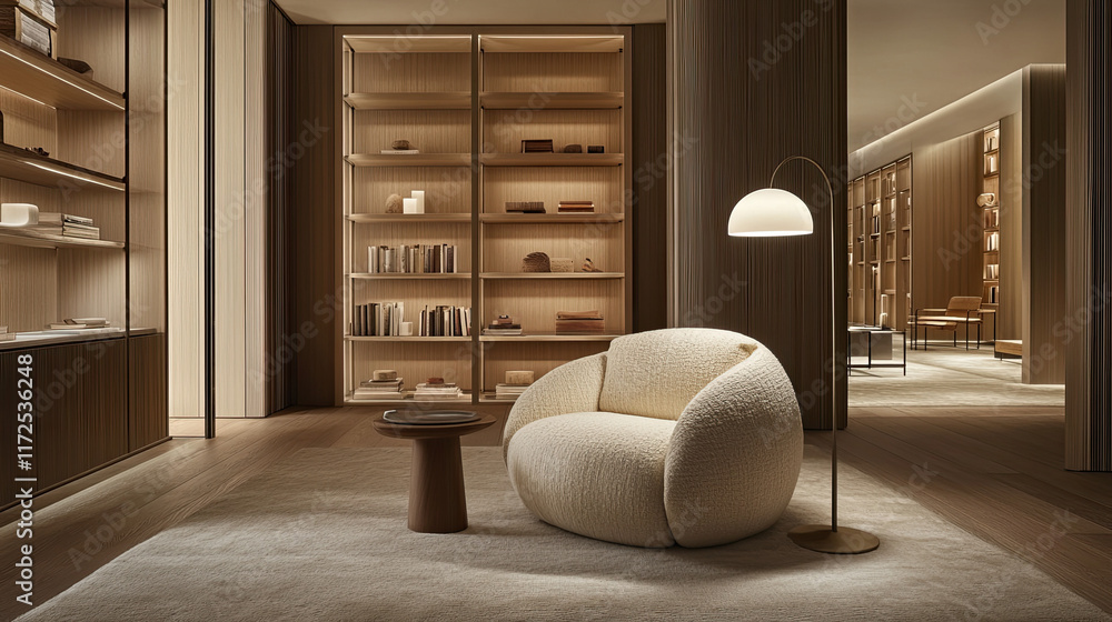 Cozy and Modern Interior Design with Soft Couch and Bookshelves Cozy and Modern Interior Design with Soft Couch and Bookshelves