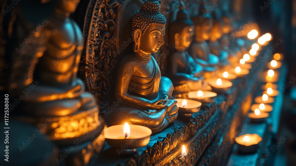 Fototapeta premium Intricate Carvings of Buddha on Temple Walls Illuminated by Light