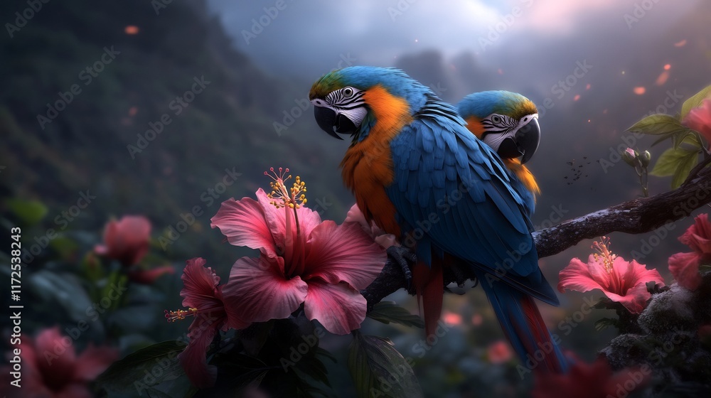 Obraz premium Stunning Blue and Gold Macaws Perched on Hibiscus Branch