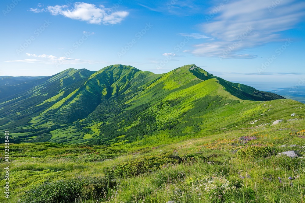 A summer mountain landscape with a lush green hill A summer mountain landscape with a lush green hill