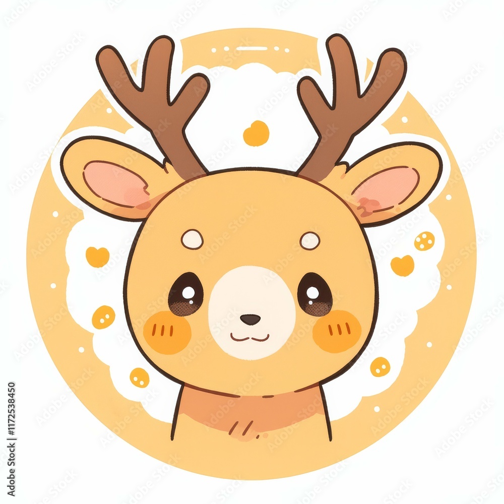 Cute cartoon deer with antlers, smiling in a circular background filled with soft colors and small decorative elements. Cute cartoon deer with antlers, smiling in a circular background filled with soft colors and small decorative elements.
