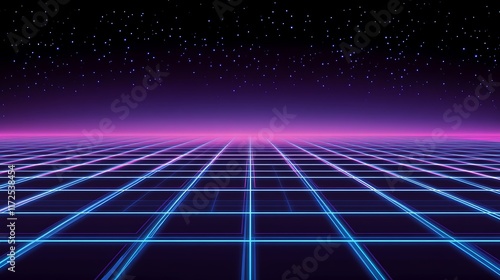 Retro Futuristic Grid Landscape Under a Starry Night Sky photo