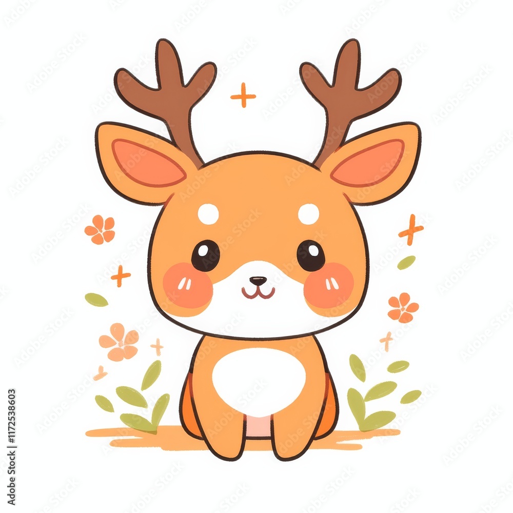 Fototapeta premium A cute, cartoon-style deer with antlers and a cheerful expression, surrounded by flowers and greenery, conveying a sense of playfulness and nature.