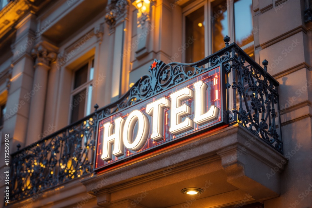 Illuminated hotel sign on an ornate building's facade, warm lighting, dusk setting, decorative balcony, concept of hospitality and luxury. Ai generative Illuminated hotel sign on an ornate building's facade, warm lighting, dusk setting, decorative balcony, concept of hospitality and luxury. Ai generative
