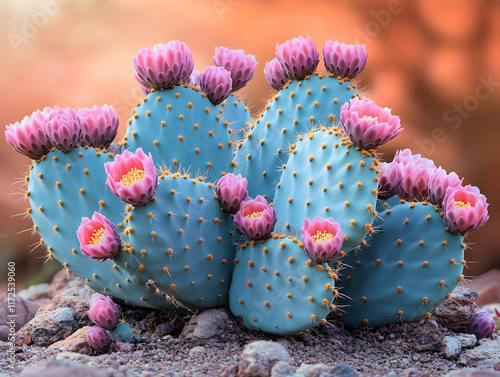 Close-up of a prickly pear cactus with numerous pink flowers blooming. photo